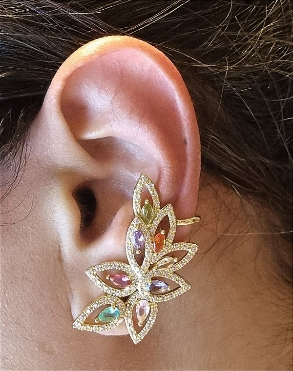 Earcuff Folhas mini cravação zircônia e cristal