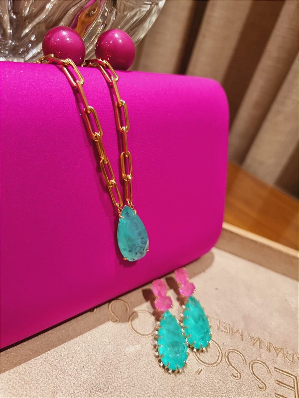 Clutch Cetim Pink e Conjunto de Corrente e Brinco
