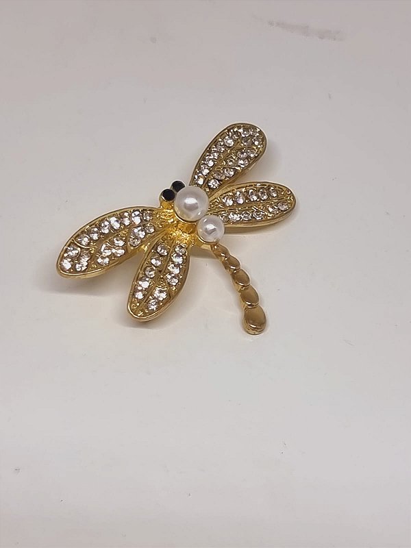 Broche Libélula  cravejado de zircônia meio Pérola banho ouro amarelo 18k