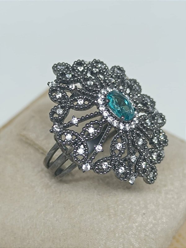 Anel Triângulo banho ródio Negro