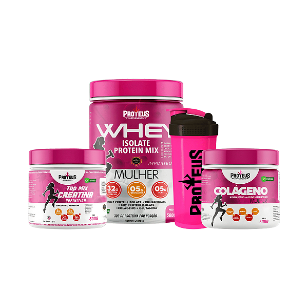 Whey Protein Mulher 500g + Colágeno Hidrolisado 300g + Creatina 300g + Shaker
