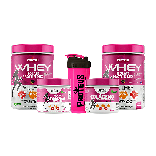 Whey Protein Mulher 1kg + Colágeno Hidrolisado 300g + Creatina 300g + Shaker