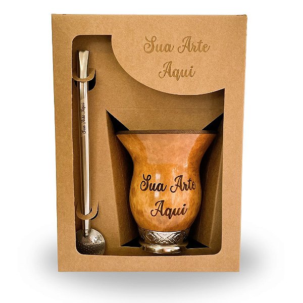Kit de Chimarrão Personalizado na Caixa - Cuia Porongo e Bomba Inox