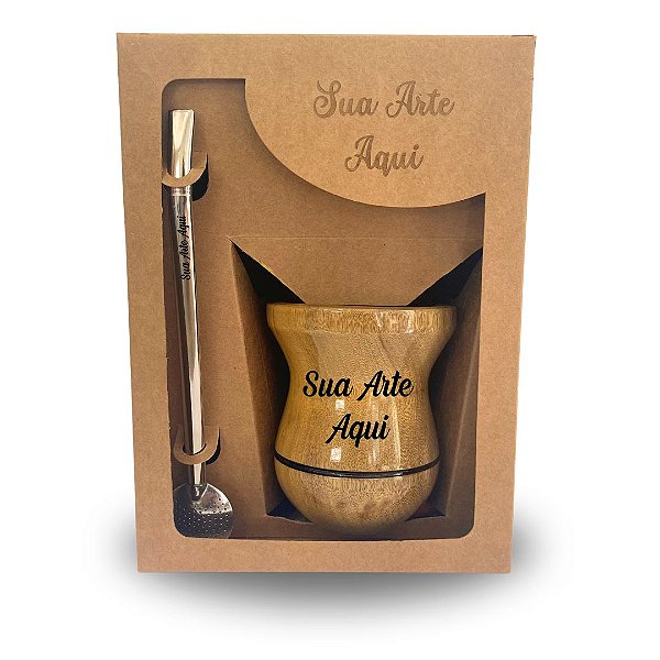 Kit Chimarrão Personalizado na Caixa - Cuia Madeira Natural e Bomba Inox