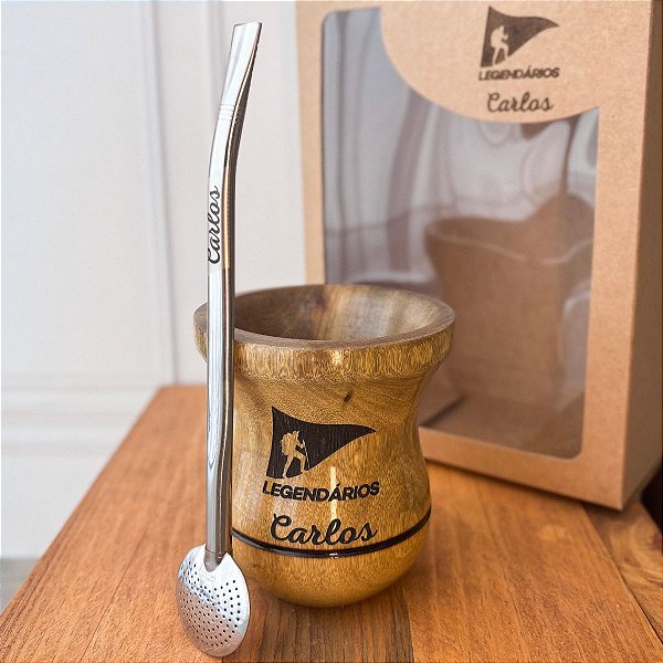 Kit Chimarrão Personalizado na Caixa - Cuia Madeira Natural e Bomba Inox