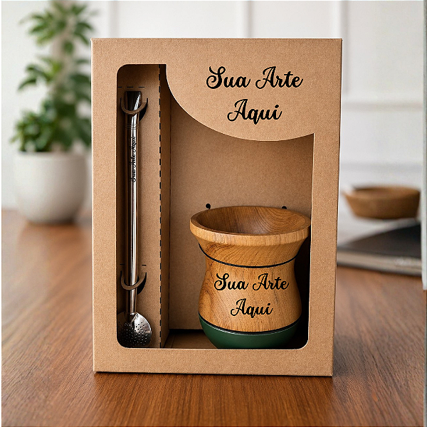 Kit de Chimarrão Personalizado na Caixa - Cuia Madeira Invertida Verde e Bomba Inox