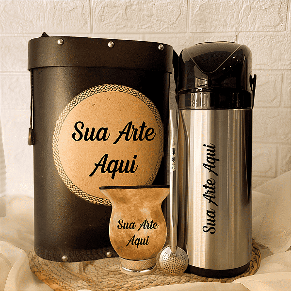 Kit de Chimarrão Personalizado - Mateira, Cuia Porongo, Bomba e Térmica Verona