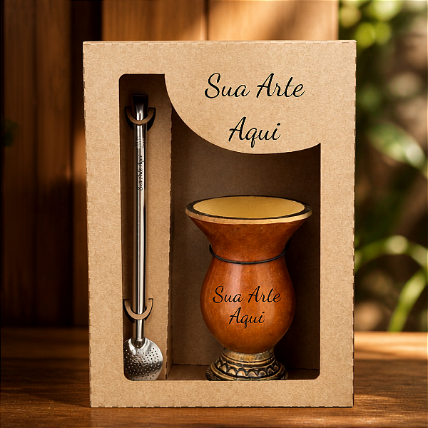 Kit Chimarrão Nativo Personalizado – Cuia Pequena de Porongo, Bomba Inox e Caixa