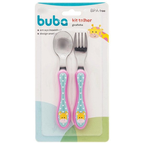 Kit Talher Infantil Girafinha 10679 Colher e Garfo Anatômico AÇO Inoxidável Talher Girafa Bebê Papinha Alimentação Presente Criança CHÁ Revelação