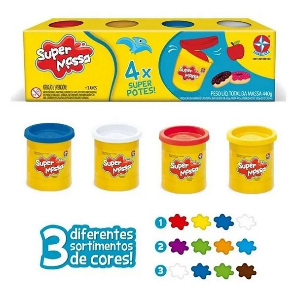 Super Massa 4 Potes Massinha Modelar Antialergica Infantil Macia Coordenação