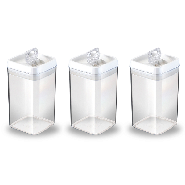 Kit 3 Potes Herméticos Acrílico Crystal 2,3 Litros Quadrado