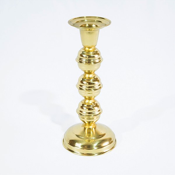 Castiçal Dourado de Latão Suporte 1 Vela Igreja 3 Bolas 15cm