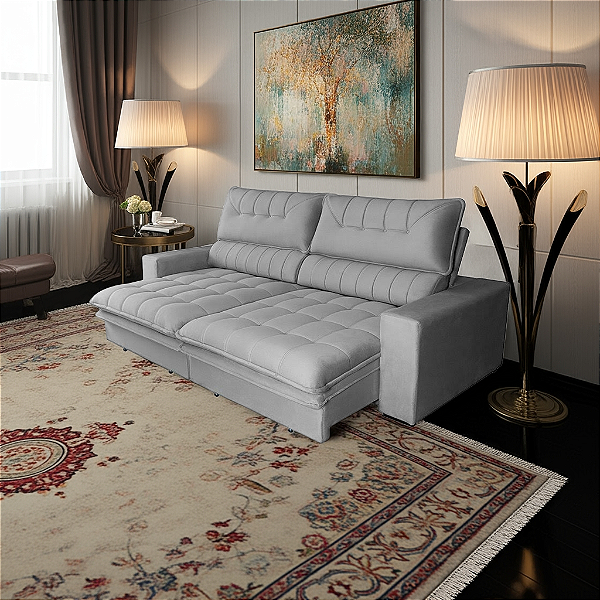 Sofá Retrátil Reclinável  2,10m  (B- Partido) - Tec.Platinum (Cinza)