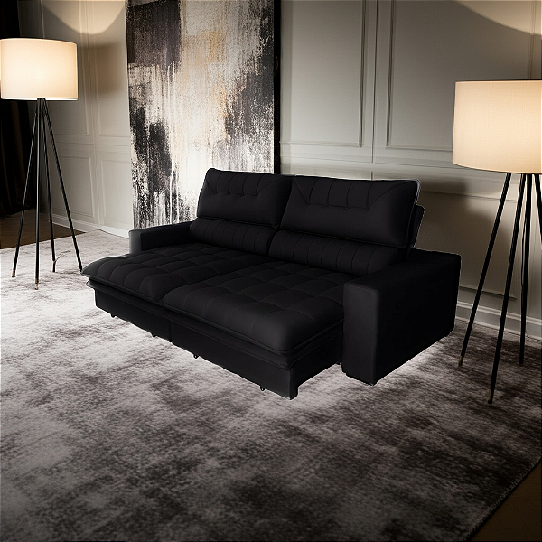 Sofá Retrátil Reclinável  2,10m  (B- Partido) - Tec.Platinum (Preto)