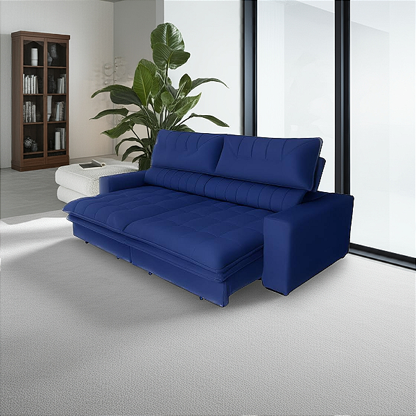 Sofá Retrátil Reclinável  2,10m  (B- Partido) - Tec.Platinum (Azul Marinho)