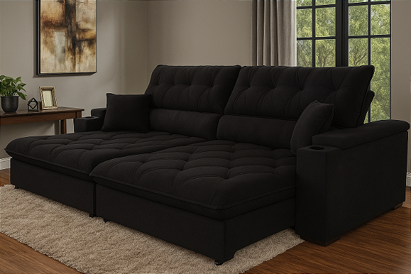 Sofá Retrátil Reclinável  2,60m  (Bi- Partido) - Tec.Platinum (Preto)