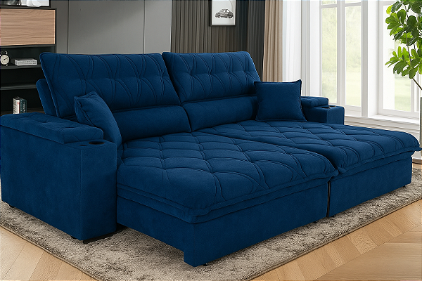 Sofá Retrátil Reclinável  2,60m  (Bi- Partido) - Tec.Platinum (Azul Marinho)