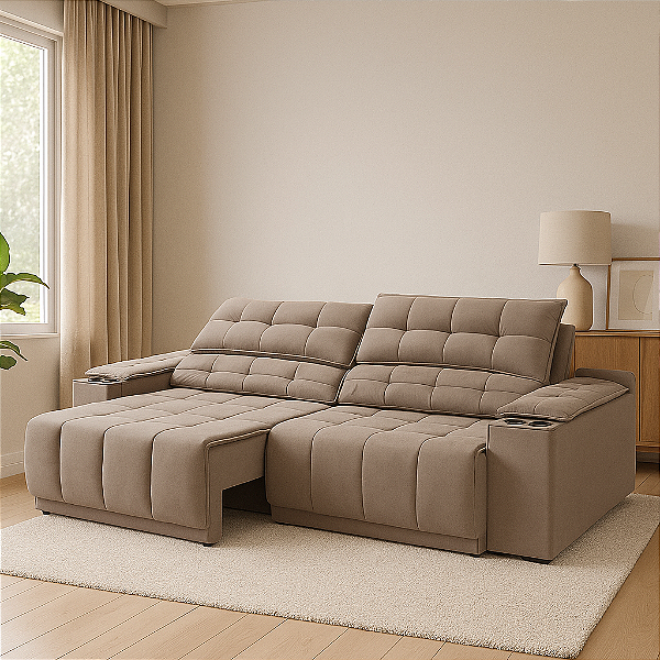 Sofá Estilo Moderno - 2,30m - Velosuede (Bege)