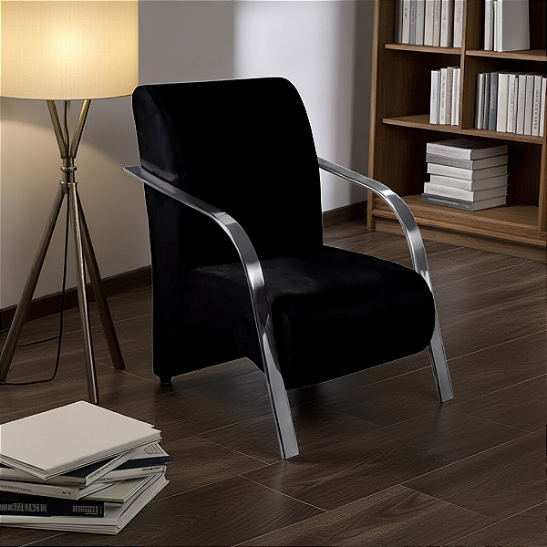 Poltrona - Braço Metálico  - Veludo  (Azul)