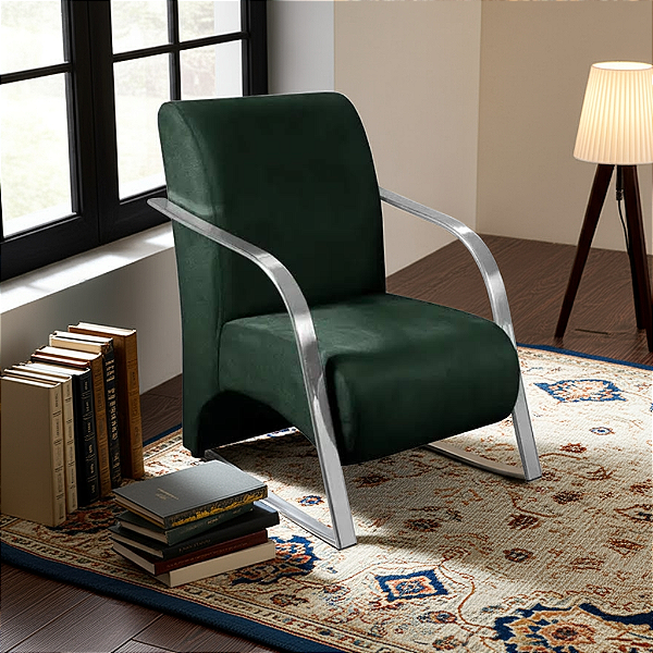 Poltrona - Braço Metálico  - Veludo  (Verde)