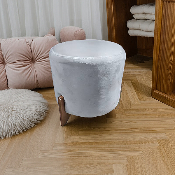 Puff - Redondo  - Veludo  (Cinza)