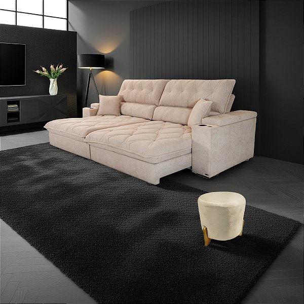 Conjunto Sofá Retrátil Reclinável  2,60m  (Bi- Partido) - Tec.Platinum (Tabaco) + Puff Redondo