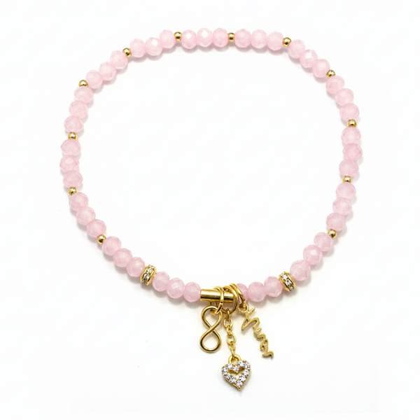 PULSEIRA COM CRISTAIS COR DE ROSA E PINGENTES AMOR