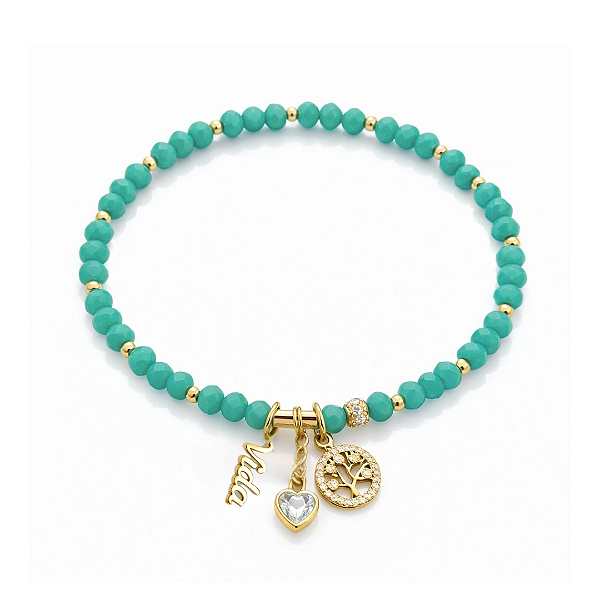 PULSEIRA COM CRISTAIS VERDES E PINGENTES VIDA