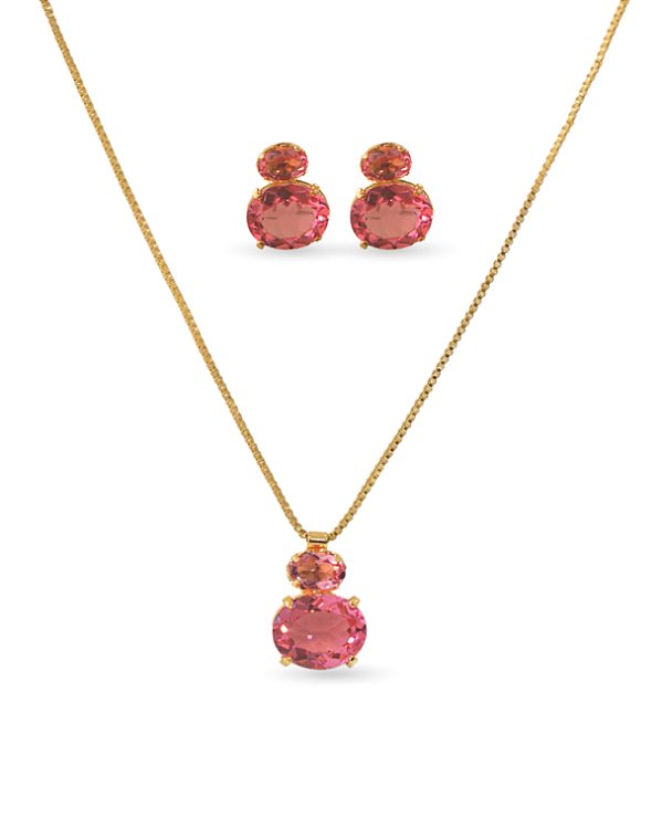CONJUNTO OVAL DUPLO ZIRCÔNIAS ROSA
