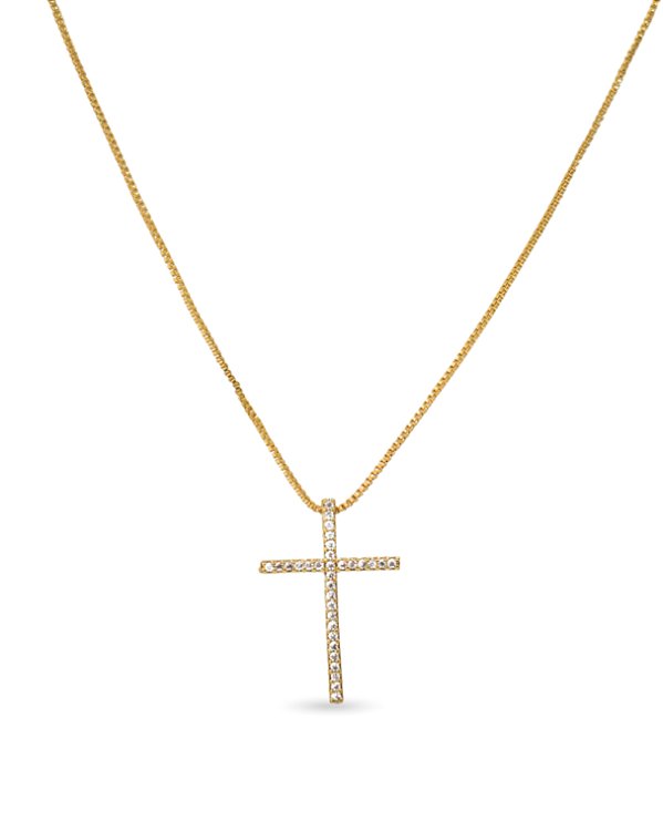 COLAR CRUZ CRAVEJADA EM ZIRCÔNIAS COM CORRENTE VENEZIANA