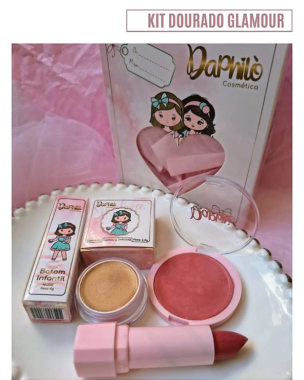 KIT DOURADO GLAMOUR (Batom Nude + Sombra Dourada + Blush Coral)