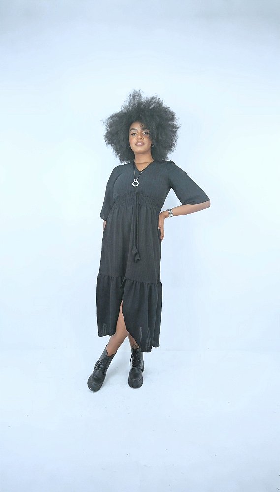 VESTIDO MIDI LASTEX NA CINTURA COM BABADO