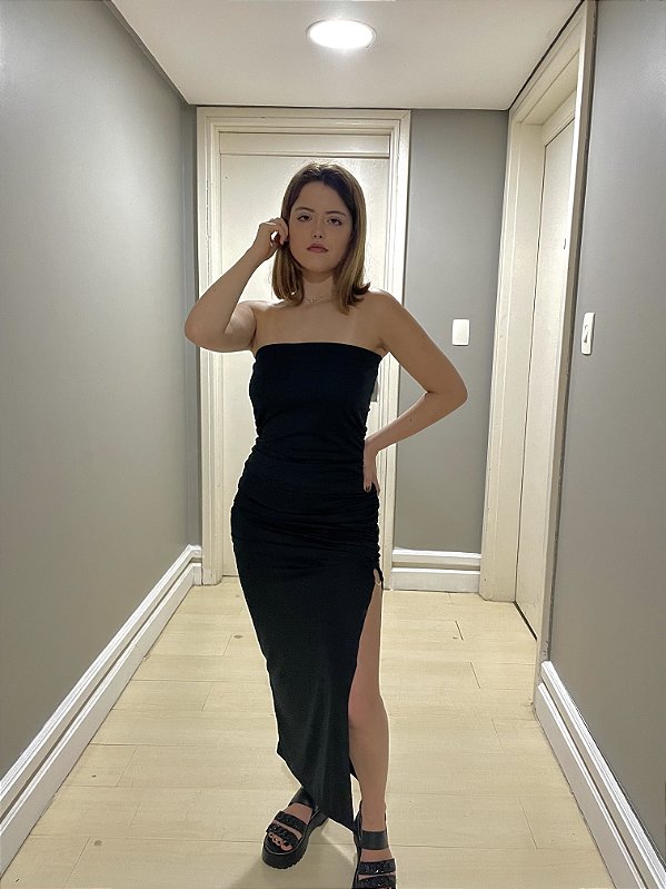 Vestido longo preto tomara que caia drapeado