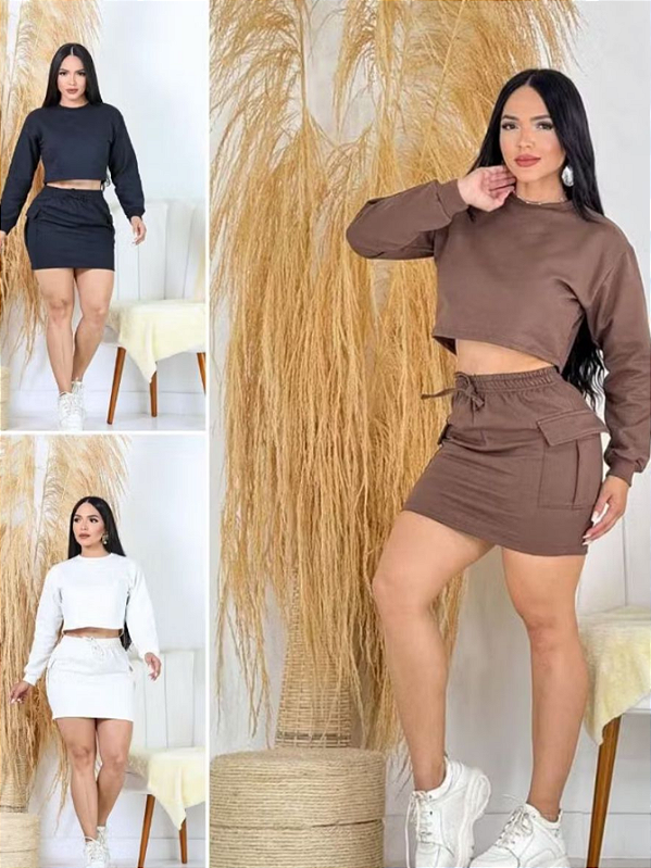 Conjunto Feminino Inverno Saia Cargo Cintura Alta e Blusa Cropped