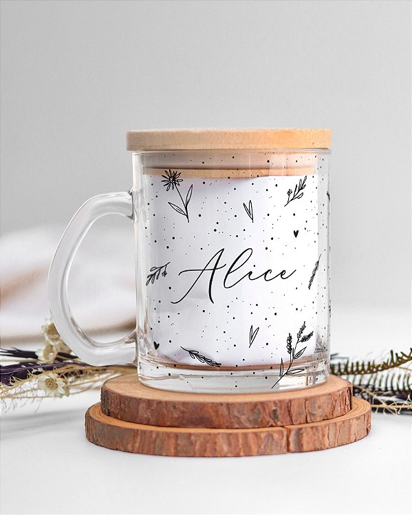 Caneca de vidro transparente personalizada flores minimalistas + frase
