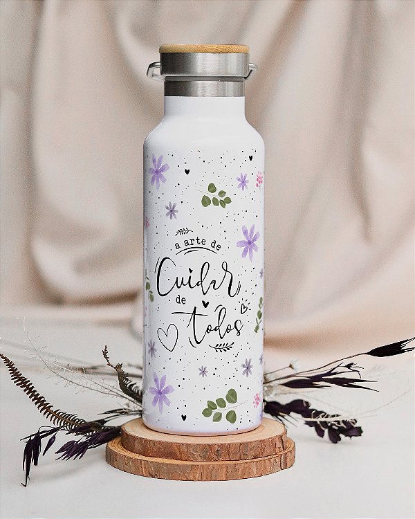 Garrafa térmica com tampa de bambu personalizada floral lilás