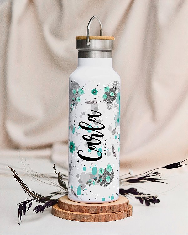 Garrafa térmica com tampa de bambu personalizada floral tiffany