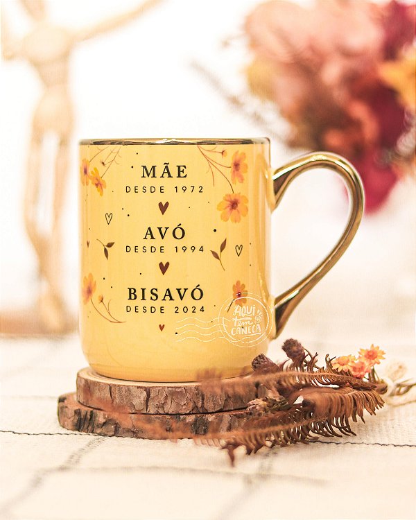 Caneca nobelle gold amarela personalizada  mãe e avó flor #2 300mL
