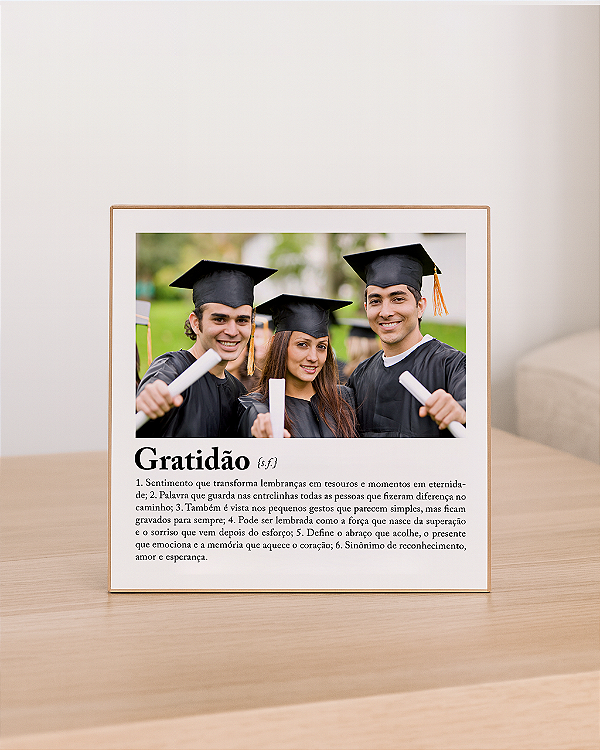Quadro de mesa personalizado com foto significado gratidão 20x20cm