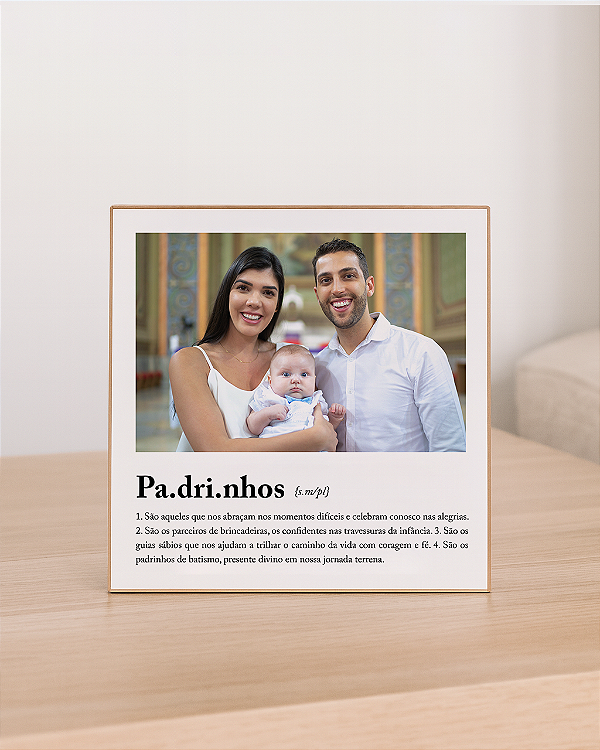 Quadro de mesa personalizado com foto significado padrinhos e dindos de batismo 20x20cm