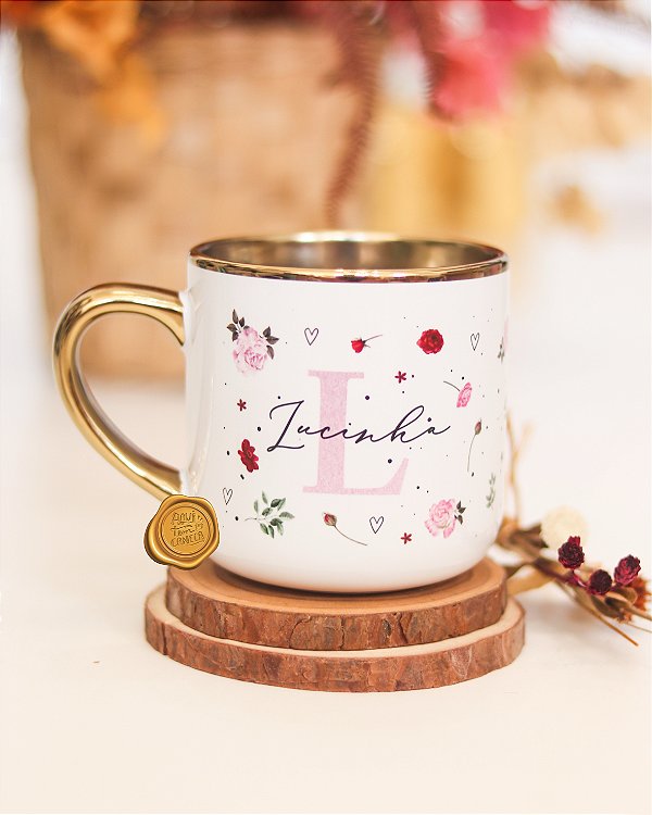 Caneca nobelle gold personalizada mãe e avó flores rosa 400mL
