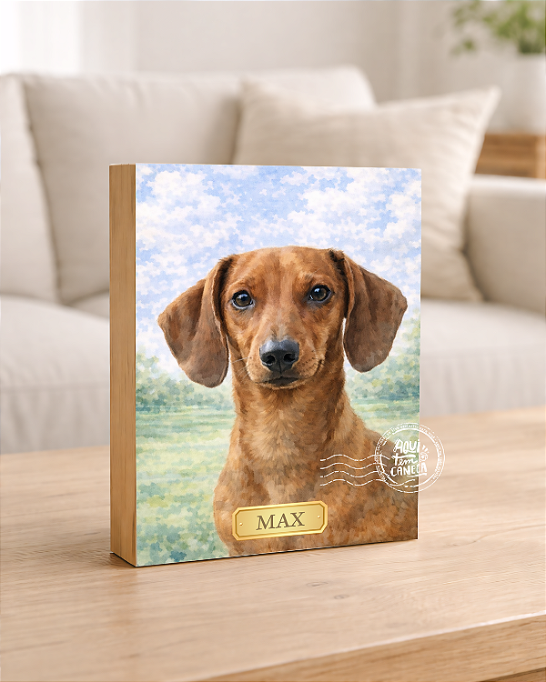 Quadro de mesa meu pet Dachshund caramelo (Salsicha) personalizado com nome 15x20cm