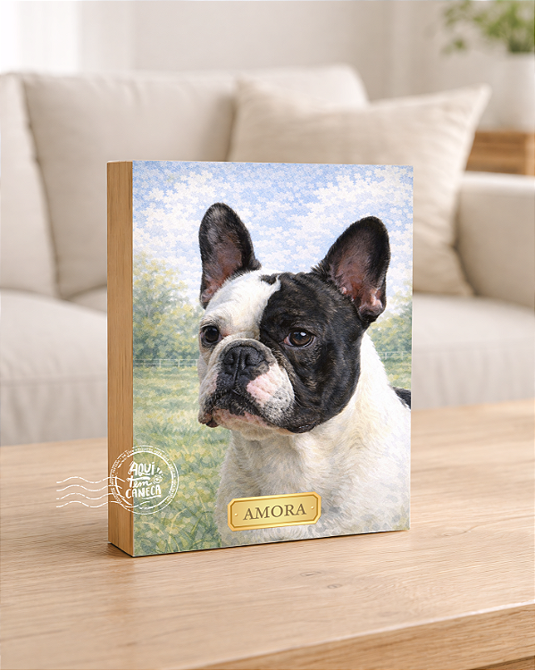 Quadro de mesa meu pet cachorro buldogue francês preto e branco personalizado com nome 15x20cm