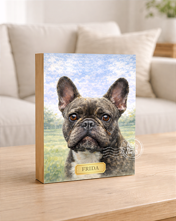 Quadro de mesa meu pet cachorro buldogue francês tigrado personalizado com nome 15x20cm