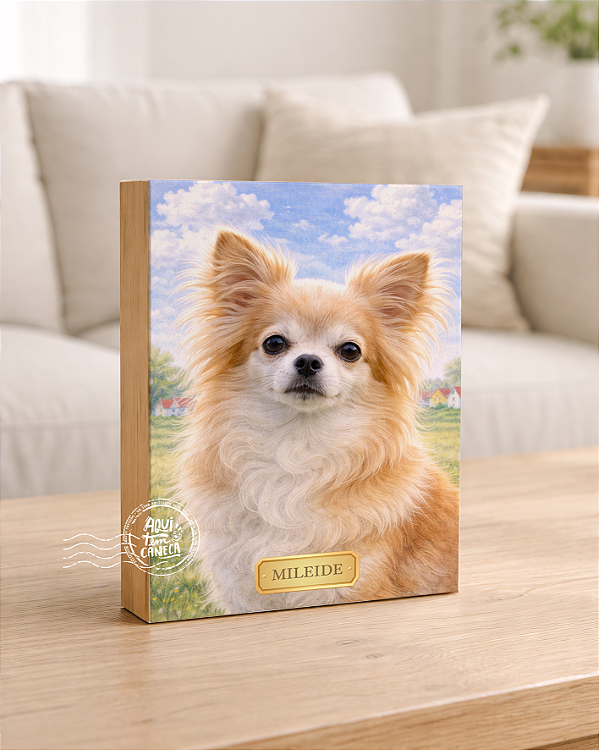 Quadro de mesa meu pet cachorro chihuahua pelo longo personalizado com nome 15x20cm
