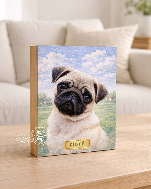Quadro de mesa meu pet cachorro pug bege personalizado com nome 15x20cm