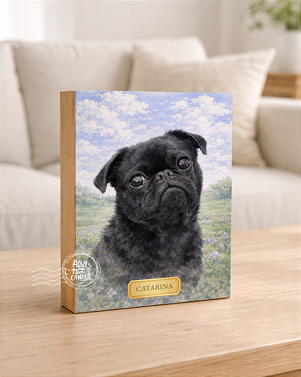 Quadro de mesa meu pet cachorro pug preto personalizado com nome 15x20cm