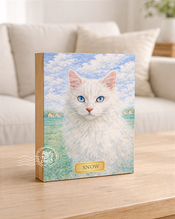 Quadro de mesa meu pet gato branco 1 personalizado com nome 15x20cm