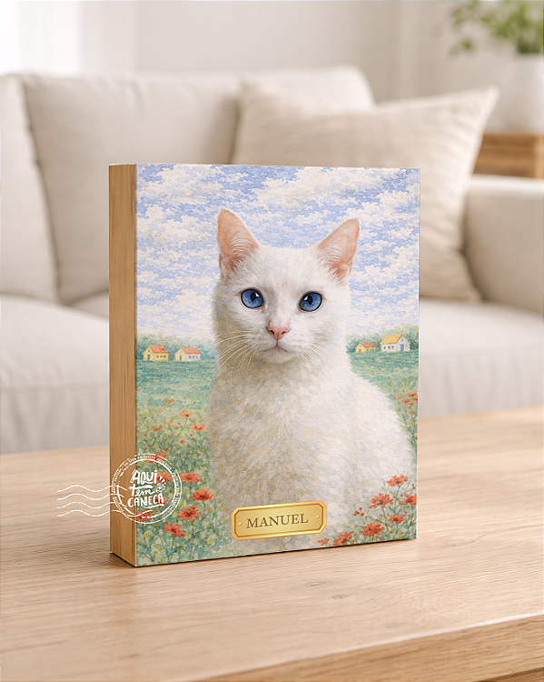 Quadro de mesa meu pet gato branco 2 personalizado com nome 15x20cm