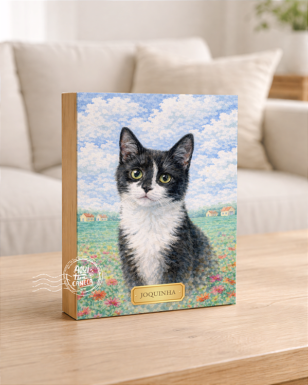 Quadro de mesa meu pet gato preto e branco frajola personalizado com nome 15x20cm